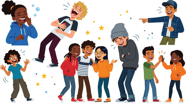Diverse Group of Happy Children and Teenagers Laughing Together Vector Illustration Set Featuring Joyful Poses, Giggling, High Five, Pointing, and Friendships