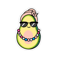 Obraz premium Cute avocado sticker with a headband wearing sunglasses and beads. Vector Illustration for printing, backgrounds. Image can be used for cards, posters and textile. Isolated on white background.