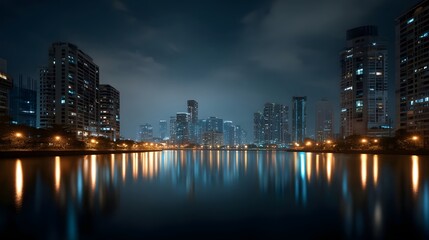Obraz premium Dramatic reflection of city lights shimmering on water at night