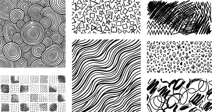 Hand Drawn Abstract Vector Textures Set Featuring Black Ink Concentric Circles, Geometric Shapes, Hatching Crosshatch Patterns, Wavy Lines, Botanical Dots, and Scribble Doodles