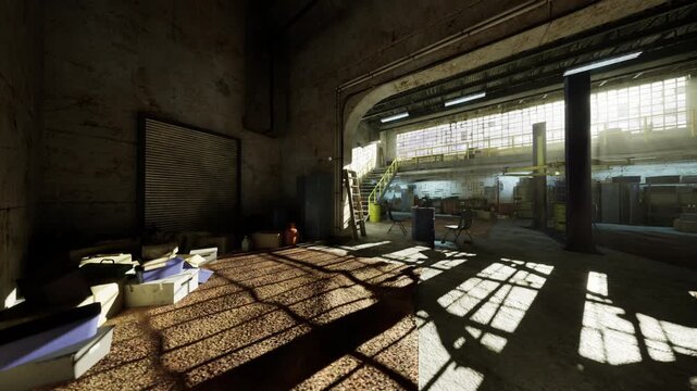 Earlymorning salvage workshop interior, long window shadows slicing across worn floor, ladder propped beside entrance, scattered tools and open crates, vibe