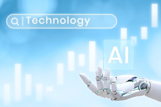 AI technology concept with robotic hand and rising data bars