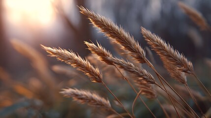 Obraz premium Golden sunlight streams through dry grass stalks creating a warm and serene rural landscape
