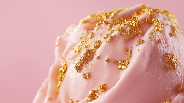 金色のフレークが散らばるピンク色のクリームのクローズアップ。柔らかい質感の抽象的なデザート