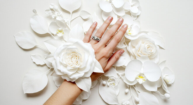 白い紙の花と葉に囲まれた指輪をはめた手。結婚や婚約を思わせる上品な構図。コピースペース