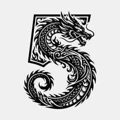 Fototapeta premium Majestic Dragon Mascot Logo Integrated with Number 5 Black and White Vector Illustration