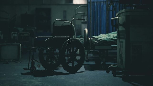 Wide empty corridor with faint distant light and scattered chairs, polished floor reflecting ceiling panels, atmosphere of late shift vacancy and creeping
