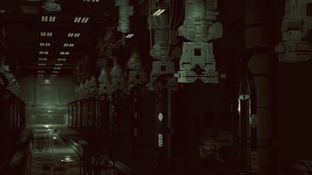 Shadowy service passage with hanging pipes, lowkey green illumination revealing catwalks and utility conduits, damp reflective surfaces and scattered gauges