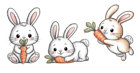 Obraz premium Three cartoon bunnies sitting together in a playful pose Vector