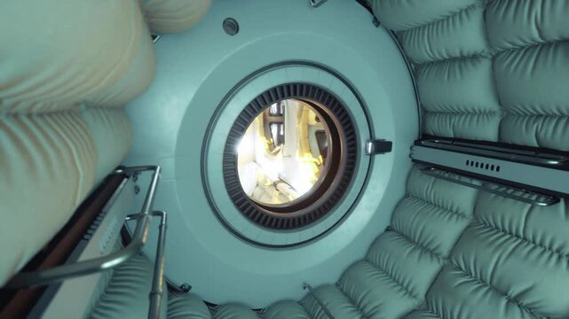 Ladder to hatch inside space station, vertical access ladder leading to circular escape hatch, secured handrails, safety tether points and utilitarian habitat