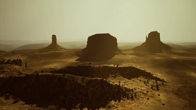 Solitary desert mesas under hazy sunrise light, sweeping sandy valley with distant buttes, long shadows and warm sepia tones, cinematic solitude and arid