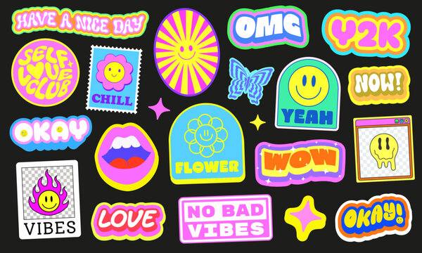 Cool Trendy Y2k Stickers Pack Vector Design. Groovy Cute Patches Graphic Elements. Pop Art Labels.