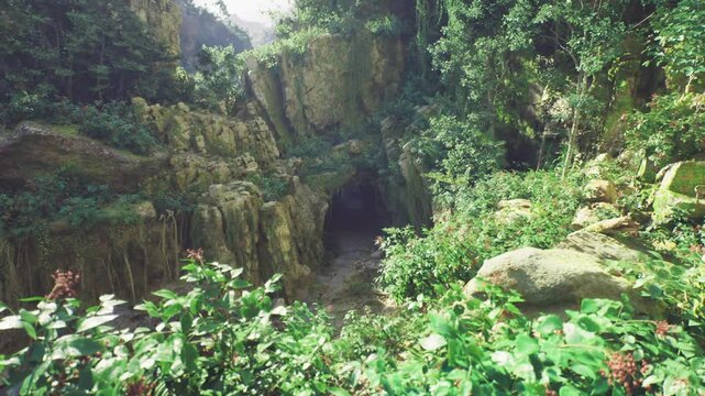 Mossy cave mouth beside flowering ledge, sunlit rim casting warm glow, dense greenery and scattered boulders, perfect setting for hiker waypoint and botanical