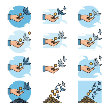 Hands releasing birds into the sky.