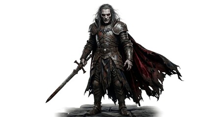 Fototapeta premium Dark Gothic Vampire Warrior in Dramatic Cloak Pose Against White Background