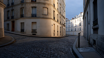 Obraz premium Cobblestone Street Corner in European City with Old Architecture at Dawn or Dusk, Textured Road, Quiet Urban Landscape