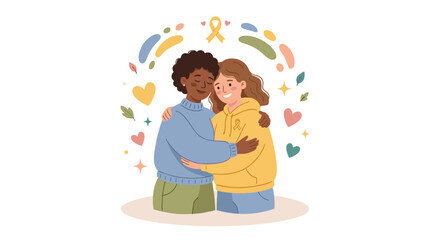 Naklejka premium Diverse friends hugging with support ribbon and hearts symbolizing unity and care