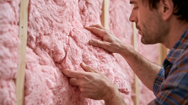 Medium shot showing hands carefully placing pink fiberglass batt insulation between vertical wall studs to enhance thermal efficiency in a residential build.