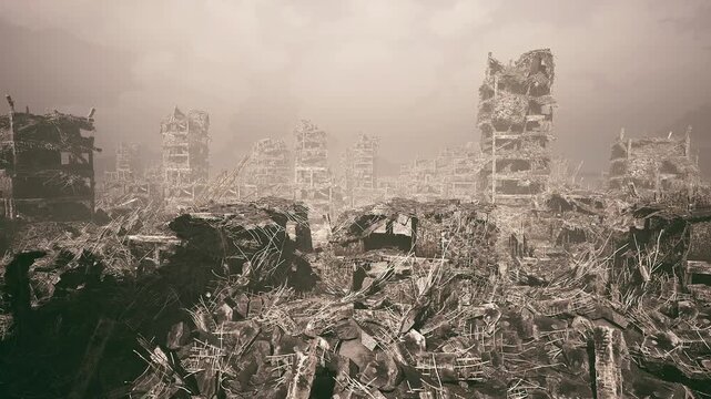 Distant ruined skyline with softened glow, jagged towers rising above shattered urban field hazy atmosphere and glittering particles hint at memory of former