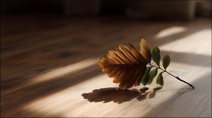 Obraz premium A single dry brown leaf rests on a dark wooden surface highlighting natural textures and shadows