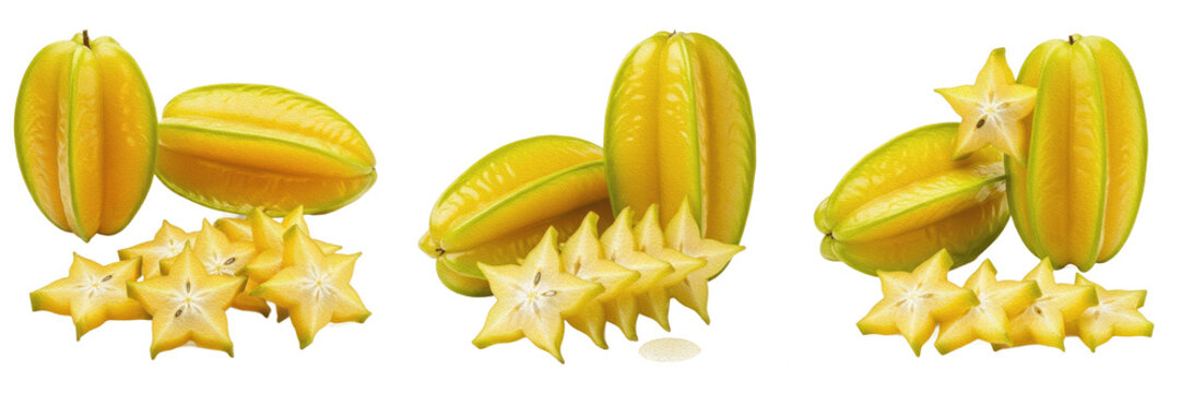 Set and collection of exotic fresh yellow starfruit whole and sliced pieces juicy carambola tropical fruit asset isolated on white transparent png background