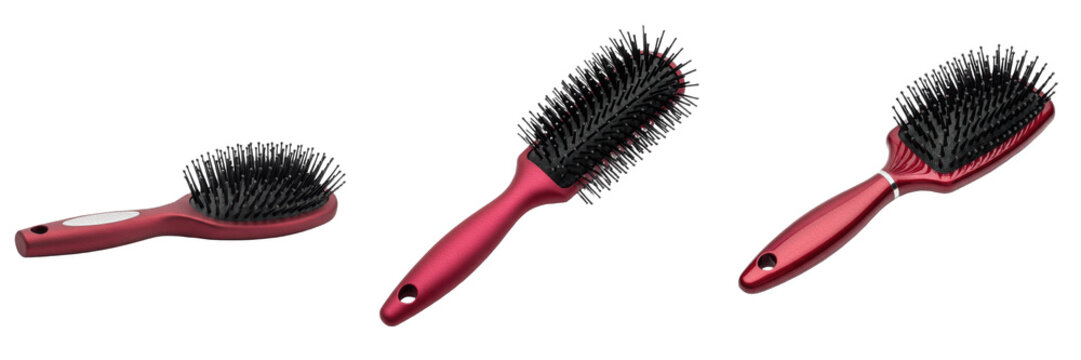 Set and collection of modern ergonomic pink plastic hairbrush with black bristles hair care styling beauty salon tool isolated on white transparent png background