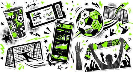 Soccer football fan culture doodle set, neon green and black sports icons, stadium ticket and mobile betting app vector, cheering crowd and goal elements © 成 sнıηяα тєηsєı ツ