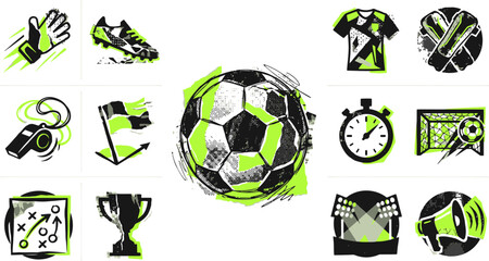 Soccer football icons set, neon green and black sports equipment illustrations, athletic competition vector elements for tournament branding © 成 sнıηяα тєηsєı ツ
