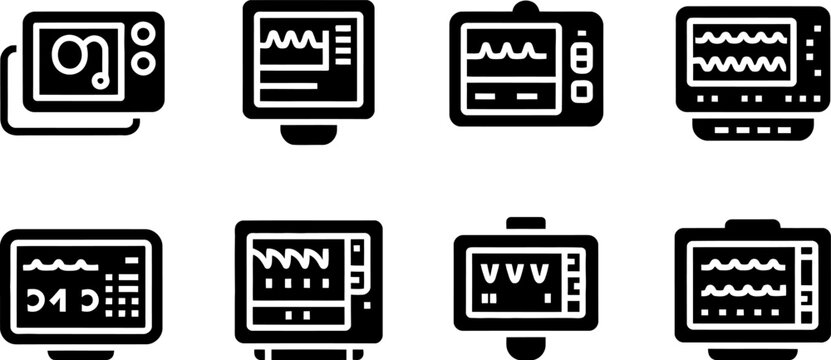 Medical monitor icons set featuring various hospital equipment digital screens for vital signs display healthcare diagnostic dashboard displays for patient monitoring systems.