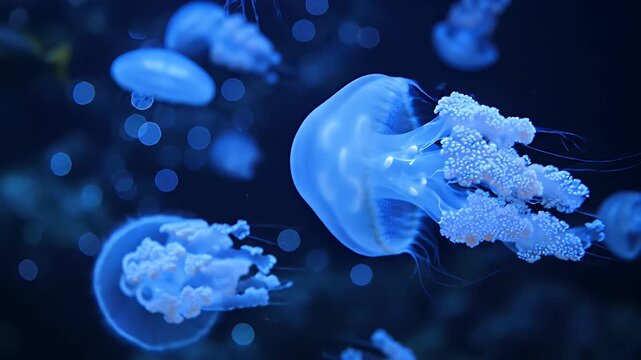 Bioluminescent blue jellyfish gracefully drifting through a deep blue oceanic tableau
