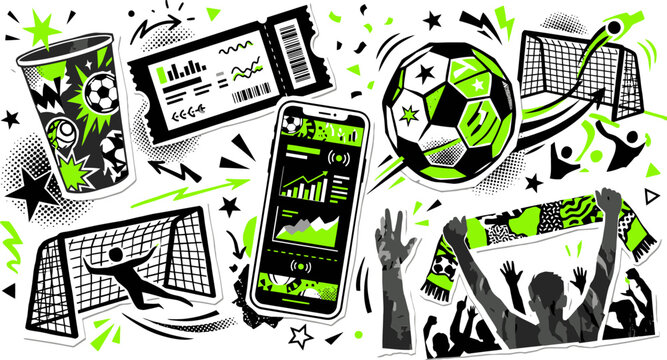 Soccer football fan culture doodle set, neon green and black sports icons, stadium ticket and mobile betting app vector, cheering crowd and goal elements