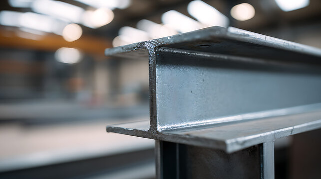Industrial metal beam close-up show strong construction material in large workshop. Structure detail for heavy industry fabrication