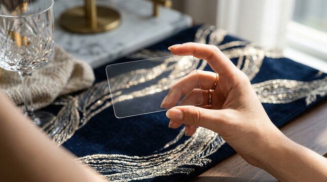 女性の手が持つ透明なプラスチックカードのモックアップ。豪華なテーブルセッティングを背景にした名刺デザインのテンプレート
