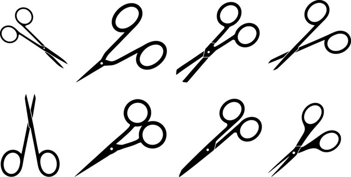 Medical scissors vector icons set, surgical instruments, doctor tools, sharp cutting device, healthcare equipment silhouette.