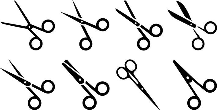 Medical scissors vector icons set, surgical instruments, doctor tools, sharp cutting device, healthcare equipment silhouette.