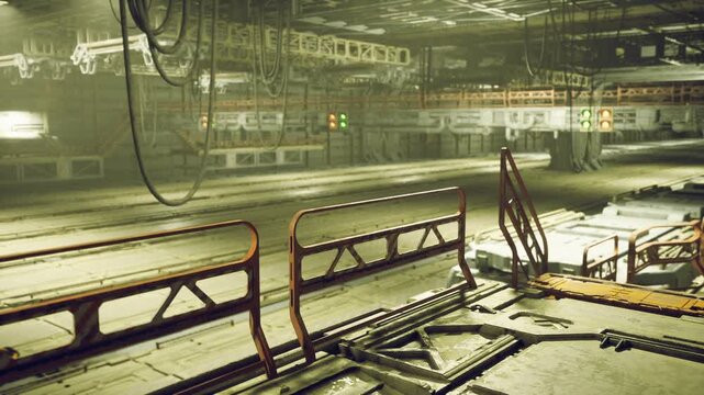 Wide maintenance corridor with cable reels and floor tracks, green industrial lighting, hanging conduits, toolboxes, safety signage, staged for daytime
