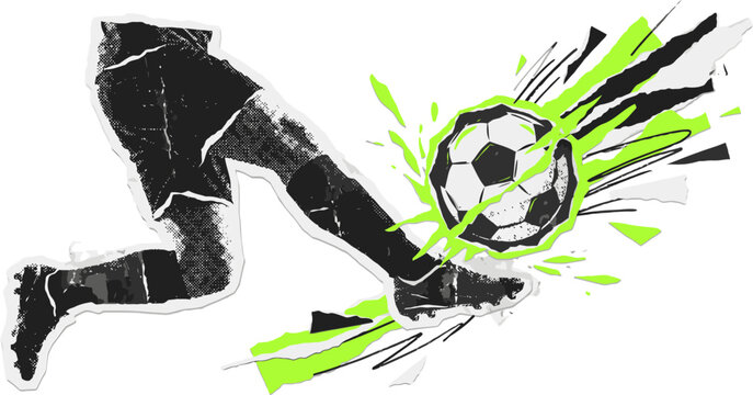 Dynamic soccer player kicking ball vector, athletic football player legs with neon green splash, grunge sports action illustration for posters
