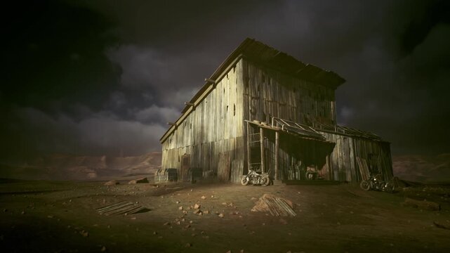 Weathered wooden barn under storm, dusk clouds gathering, peeling boards, windblown silhouette, scattered stones, desolate landscape, cinematic tension, drone