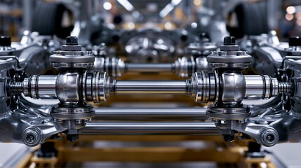 Obraz premium Close view of torsion suspension installation showing the precise alignment of axles and torsion bars under a compact vehicle chassis.