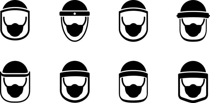 Personal protective face shield and medical mask icon set representing safety equipment for health protection against viruses and bacteria in professional settings.