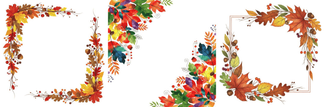 Set and collection of beautiful vibrant autumn leaves corner frame border background texture with colorful foliage for seasonal decoration isolated on white transparent png background