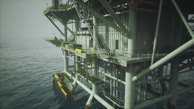 Operator walkway with safety railing and ocean backdrop, textured paint and hatch details, routine walkandcheck action implied for maintenance access, ambient