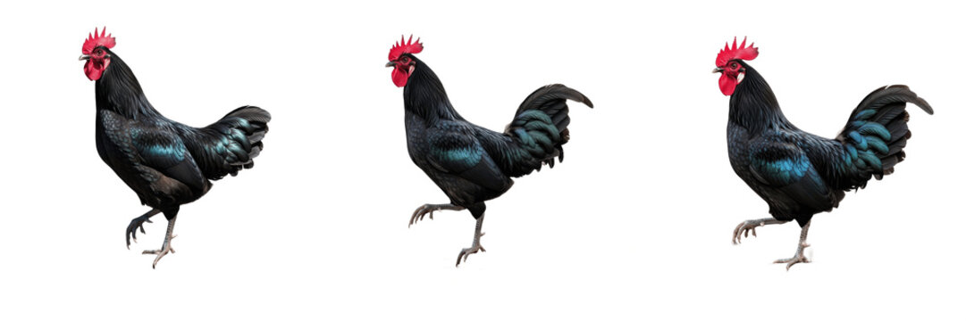 Set and collection of majestic dark black rooster cockerel chicken standing full body profile view farm poultry livestock animal icon isolated on white transparent png background