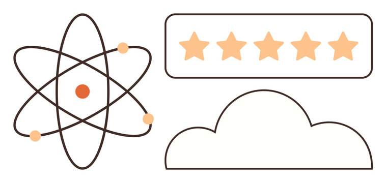 Data science, cloud computing, customer feedback, innovation, online services, science communication. Atomic structure, cloud outline 5-star feedback. Data science and cloud computing themed