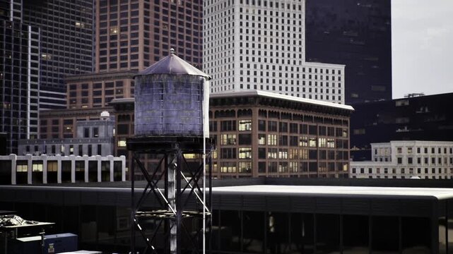 Cinematic skyscraper skyline with rooftop foreground and glass facades reflecting muted light, retro color grading and geometric forms create vintage future