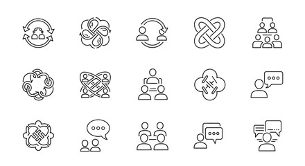 Fototapeta premium Black and white line icons for business communication and teamwork.
