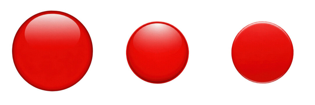 Set and collection of smooth glossy bright red circular sphere button ball 3d render plastic geometric shape element isolated on white transparent png background