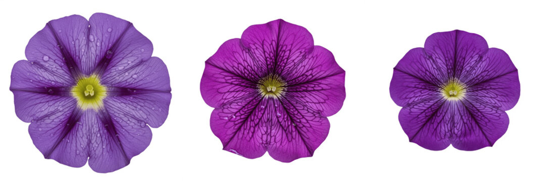 Set and collection of vibrant purple petunia flower blossom with delicate petals and green leaves botanical garden floral asset isolated on white transparent png background