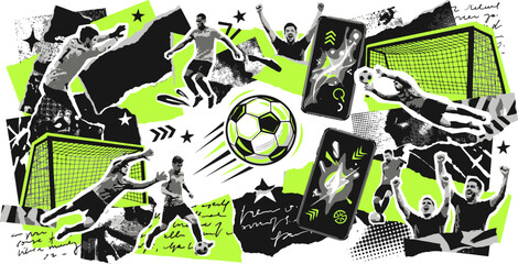Dynamic soccer collage vector, urban zine style football players and goals, neon green and black paper cutout sports background for social media © 成 sнıηяα тєηsєı ツ