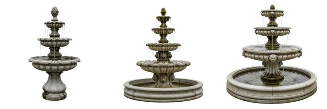 Set and collection of ancient antique stone water fountain or multi tiered classic garden architecture sculpture decoration element isolated on white transparent png background
